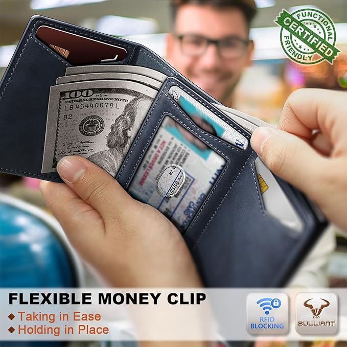 BULLIANT Men Wallet Leather Wallet Card Holders Money Clip for Men 10Cards-Magnetic Flip on Metal Case