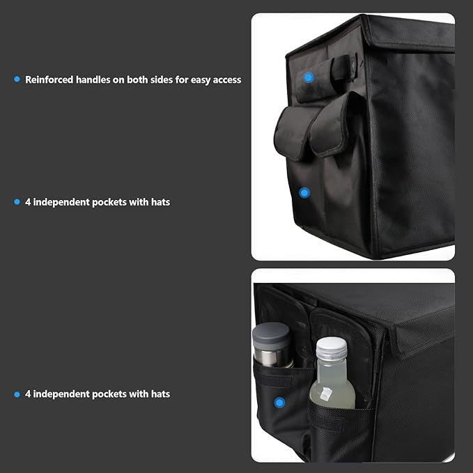 Car Trunk Organizer, Large Collapsible Storage Container, Multi-Compartment with Side Pockets, Black