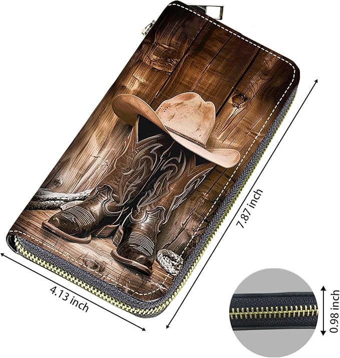 Women's Large Capacity Wallet, Portable PU Leather Zipper Wallet for Smart Phone/Card/Coin/Cash, Multifunctional Clutch Wallet with Removable Wristlet Strap, Western Cowboy Equipment Boots and Hat