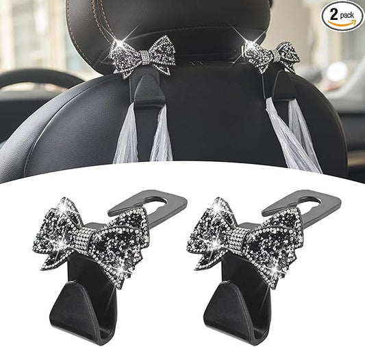 2 PCS Bling Bow Car Headrest Hook, Diamond Sparkling Invisible Seat Headrest Hooks, Vehicle Storage Organizer with Butterfly Bow Vent Clip for Purses, Bags, Groceries (Black)