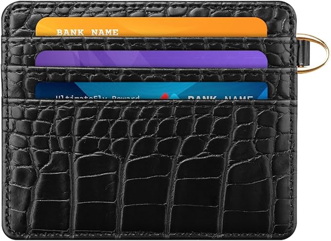 Slim Credit Card Holder Crocodile Wallet Women Thin Alligator Wallets RFID Blocking Minimalist Lightweight Small Cute Cards Holders with ID Window, Black