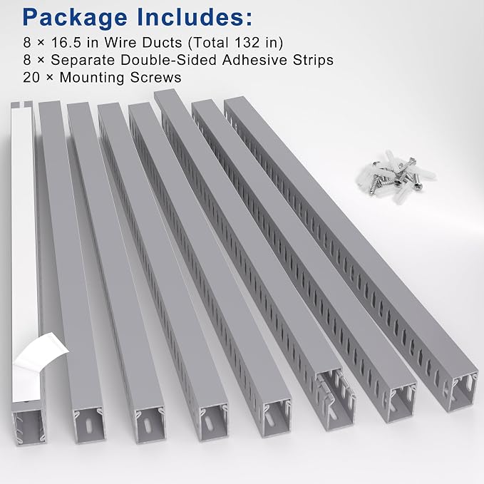 ZhiYo H1.6in W1in Professional Server Rack Cable Management Raceway, 132in (8 x L16.5in) Cable Raceway Kit, Electrically Safe PVC Open Slot Wire Raceway for Under Desk/Computer/Network Cords, Grey