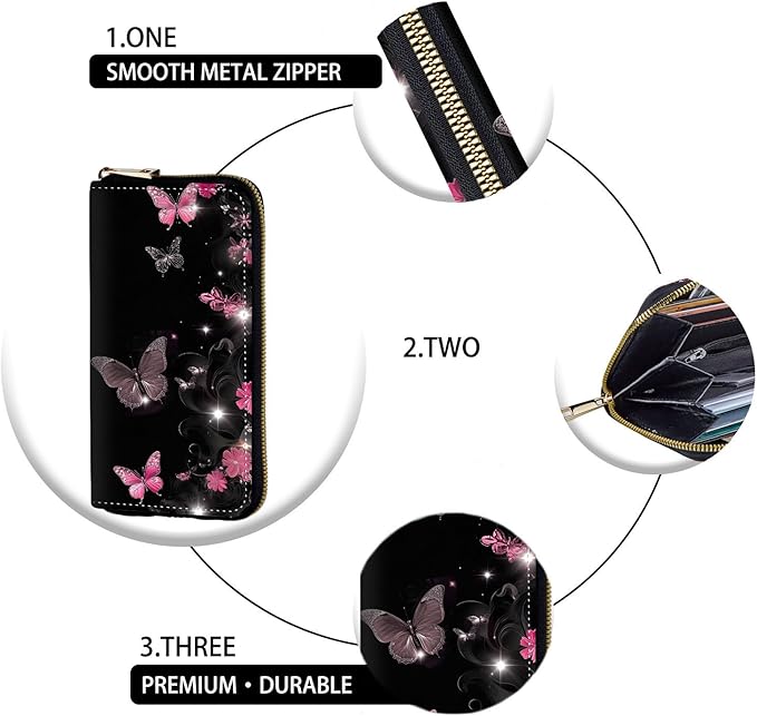 Women's RFID Blocking Zip Around Wallet with Detachable Wrist Strap, Large Capacity Credit Card Holder Organizer for Everyday Use,Butterflies Flower
