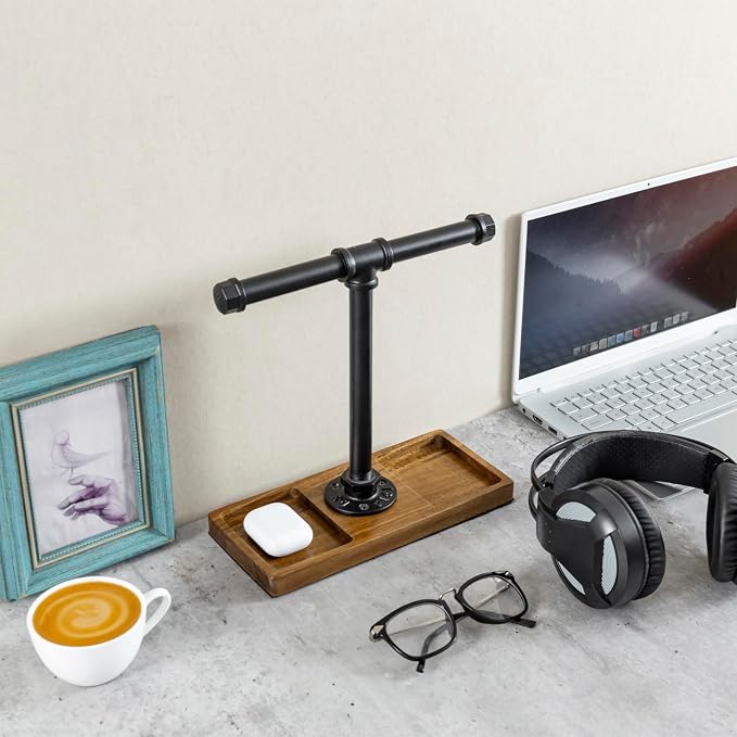 MyGift Premium Acacia Solid Wood and Industrial Black Metal Pipe T-Bar Over Ear Headphones Holder, Tabletop Dual Headphone Display Stand with Accessories Tray