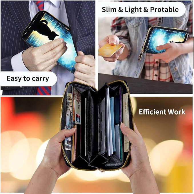 Wallet,Leather Long Wallet Suitable For Ladies And Teenagers - Detachable Wristband + RFID Travel Wallet With Card Slot - Black Cat