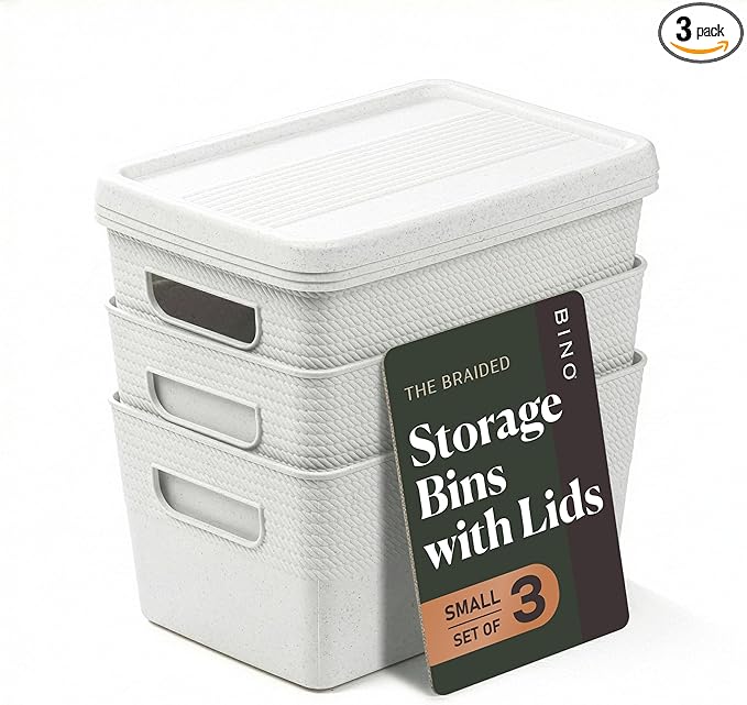 BINO | Plastic Storage Bins with Lids, 5 Liter - 3 Pack, White | THE BRAIDED COLLECTION | Plastic Bins for Organization Woven Storage Baskets for Organizing Pantry Shelf Organizer Basket Container Bin