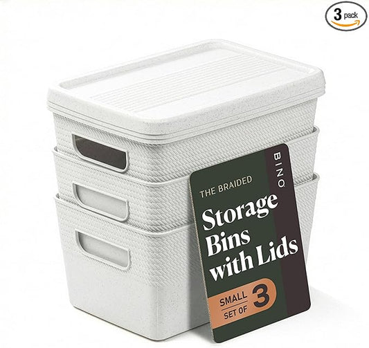 BINO | Plastic Storage Bins with Lids, 5 Liter - 3 Pack, White | THE BRAIDED COLLECTION | Plastic Bins for Organization Woven Storage Baskets for Organizing Pantry Shelf Organizer Basket Container Bin