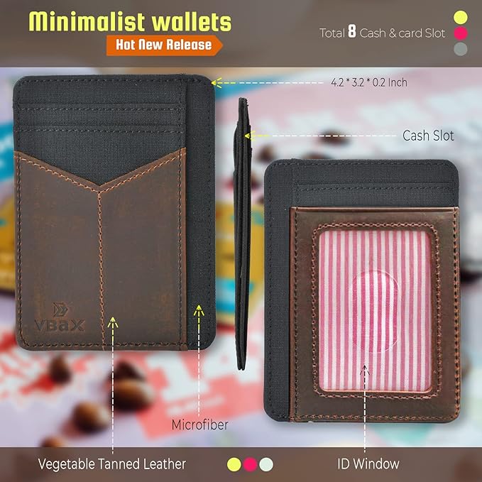 RFID Slim Wallet for Men Women, 8 Card Slot Leather Minimalist Front Pocket Credit Card Holders Black Vintage Leather