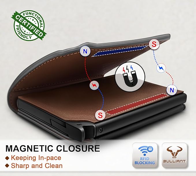 BULLIANT Men Wallet Leather Wallet Card Holders Money Clip for Men 10Cards-Magnetic Flip on Metal Case