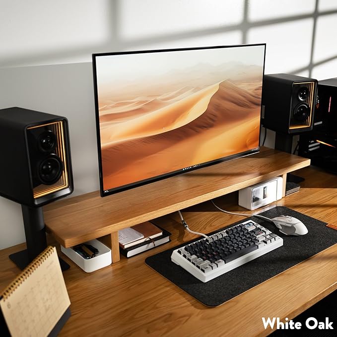Desky Minimal Monitor Stand – Ergonomic Wood Riser for Single or Dual Monitors, Desk Shelf Organizer to Elevate Screen Height – Dark Walnut Rubberwood