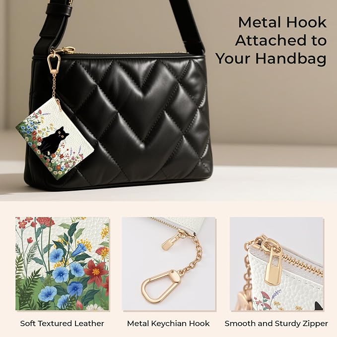 Black Cat Flower Floral Keychain Coin Purse for Women, Small PU Leather Change Pouch, Zipper Little Tiny Travel Wallet for Girls, Cute Kawaii Zip Pocket Coin Holder with Key Ring