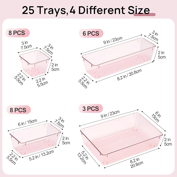 Vtopmart 25 PCS Plastic Drawer Organizers Set, 4-Size Versatile Bathroom and Vanity Drawer Organizer Trays, Storage Bins for Makeup, Bedroom, Kitchen Gadgets Utensils and Office