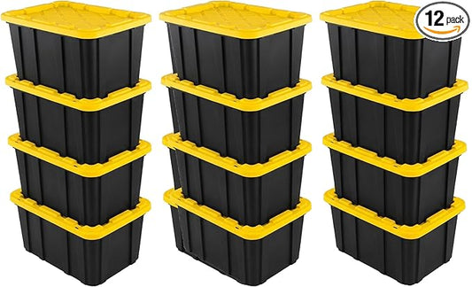 Sterilite 12 Pack Industrial Tote, Plastic Storage Container Bins with Lids, 27 Gallon - Heavy-Duty Organizing Containers for Closet, Bathroom, and Office