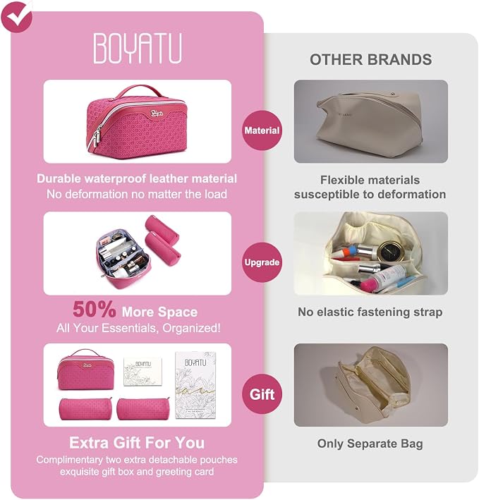 BOYATU Travel Makeup Bag Cosmetic Bags for Women: Large Capacity 3 Pcs Set Make up Bag with Compartments - Waterproof Vegan Leather Toiletry Organizer Bags with Handle (M-73Rose)