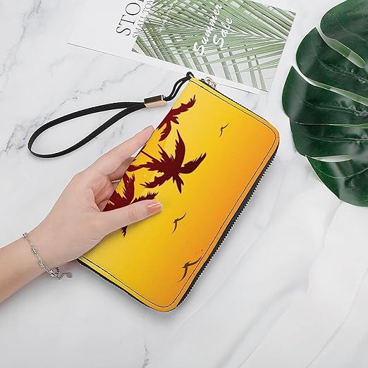 Clutch Wallet Holder for Women Men Bird Palm Sunset Portable Accordion Zipper Credit Card Storage Bag Waterproof Purse Leather Wallet for Travel Work Shopping