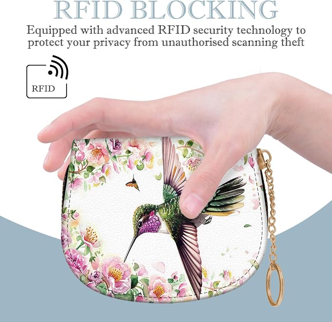Women's Slim RFID Wallet – Compact Leather Card Holder Wallet for Women, 9 Card Slots RFID Blocking Credit Card Organizer, Small Travel Wallet - Hummingbird and Flowers