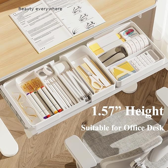 2 Pack Shallow Drawer Organizer (1.57" H), Modular Expandable Desk Dividers (Width 10.6"-17.9" OR Length 16.1"), Detachable Trays for Office Stationery, Makeup, Kitchen, White