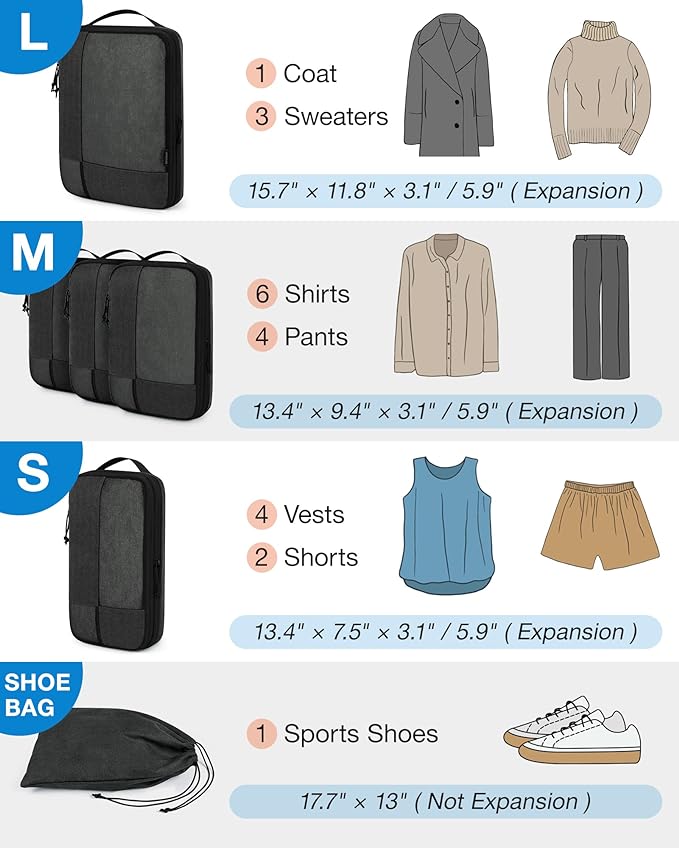 BAGSMART Compression Packing Cubes, Durable Travel Packing Cubes for Carry-On Suitcase, Lightweight Compressible Luggage Organizer Cruise Ship Travel Essentials, 6-Pack 1L+3M+1S+Shoe Bag, Black