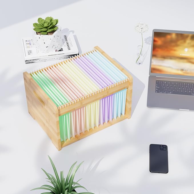 2 Pack Bamboo Hanging File Organizer, Office Desk File Organizer for Letter Size, Wood Hanging File Folders Organizer Record Holder Storage Stand Bookshelf Easy Assembly, Natural
