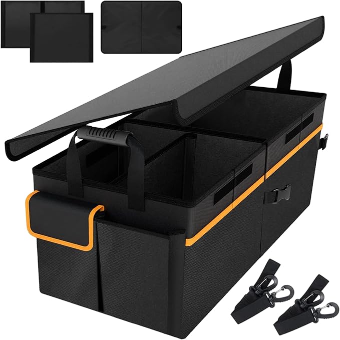 95L Car Trunk Organizer with 2 Tie-Down Straps&2 Removable Dividers|Foldable Cover,Multi-Compartment Collapsible Storage Box for SUV&Sedan&Truck|Non-Slip Bottom,3mm Durable PE Board Construction