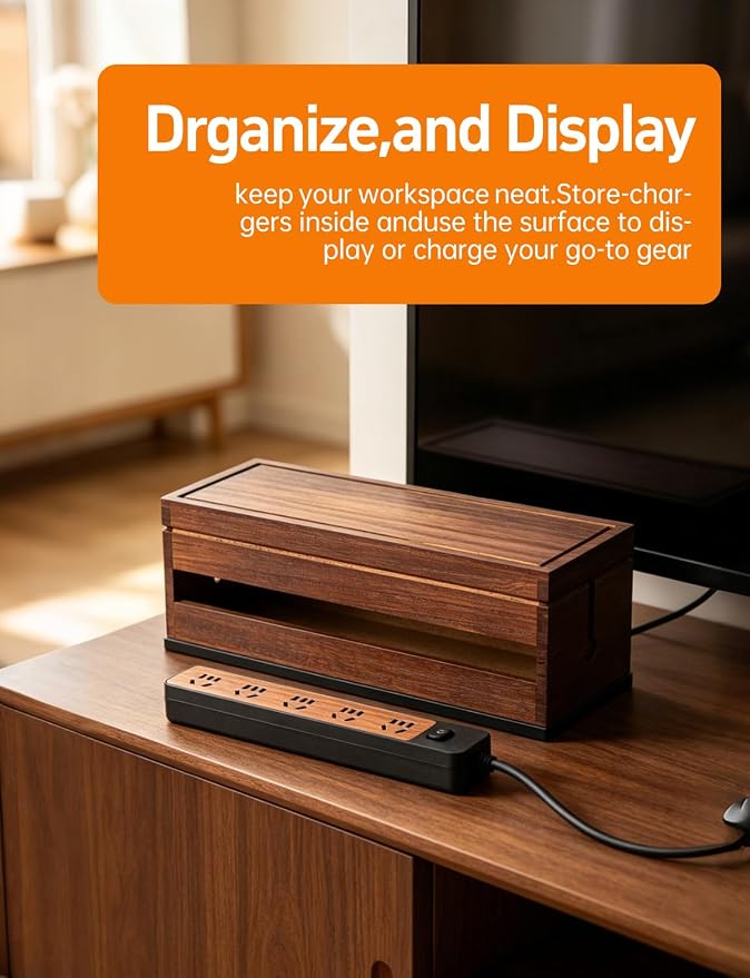 Wood Cable Management Box, Wire Organizer & Cable Hider Box with Lid, Power Strip Protector Boxs for Desk, Floor, Home, Office & Extension Leads – Decorative Cord Organizer