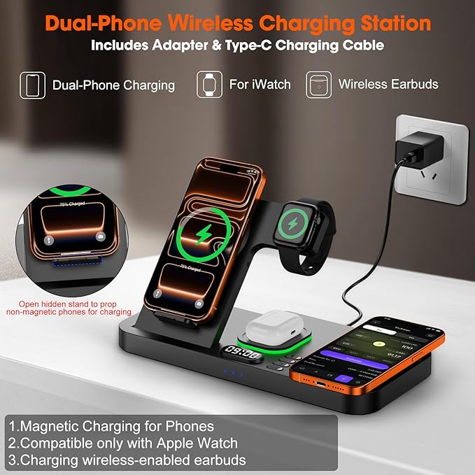 Dual Phone Magnetic Wireless Charging Station for Apple Devices/Apple Ecosystem, 7-Color Auto Light & 12H Clock, Multi-Device Charger for iPhone 17/16/15, for iWatch 11/10/9 & AirPods Pro3(Black