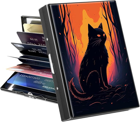 Metal Wallet, Credit Card Holder for Women Men Girls, RFID Blocking Aluminum Wallet Slim Hard Case, Mini Travel Wallet, ID Card Holder Business Card Case,Art Black Cat