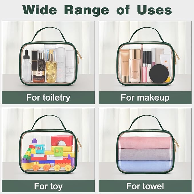 Wedama TSA Approved Toiletry Bag, 3 Pack Clear Makeup Bags with Handles, Quart Size Clear Toiletry Bags, PVC Cosmetic Bags for Women and Men, Carry on Airport Airlin (Dark Green, 3 Pack, Medium)