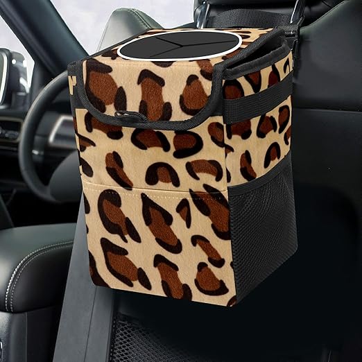 Car Trash Can Leopard Print Wate-rproof Auto Garbage Bag Car Trash Can with Lid Leak-Proof Car Storage Bag Hanging for Headrest Collapsible and Portable with Storage Mesh Pocket