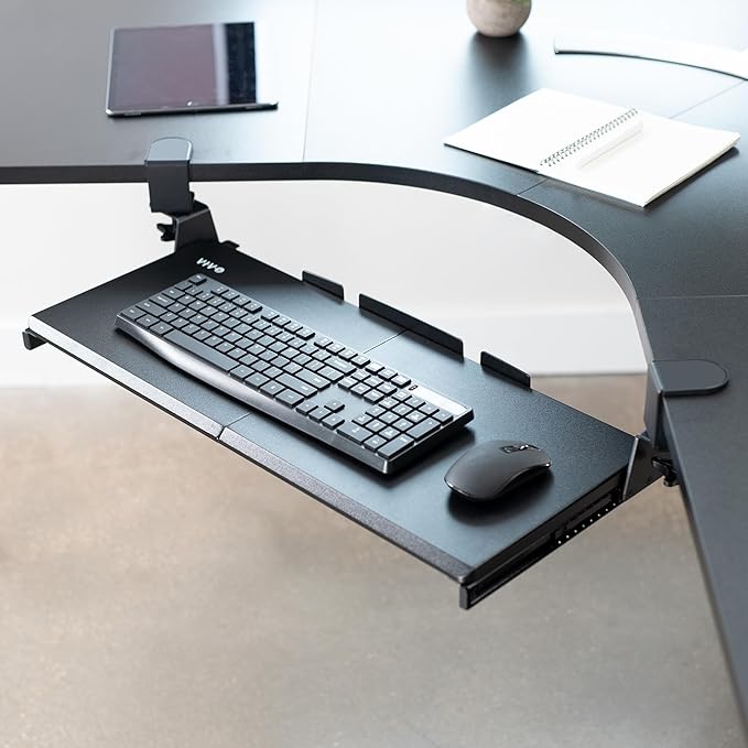 VIVO Large Pull Out Keyboard Tray for Corner Desk, 27 (33 Including Clamps) x 11 inch Slide-Out Platform Computer Drawer, 90-Degree Swivel C-Clamps for L-Shaped Workstation, Black, MOUNT-KB10C