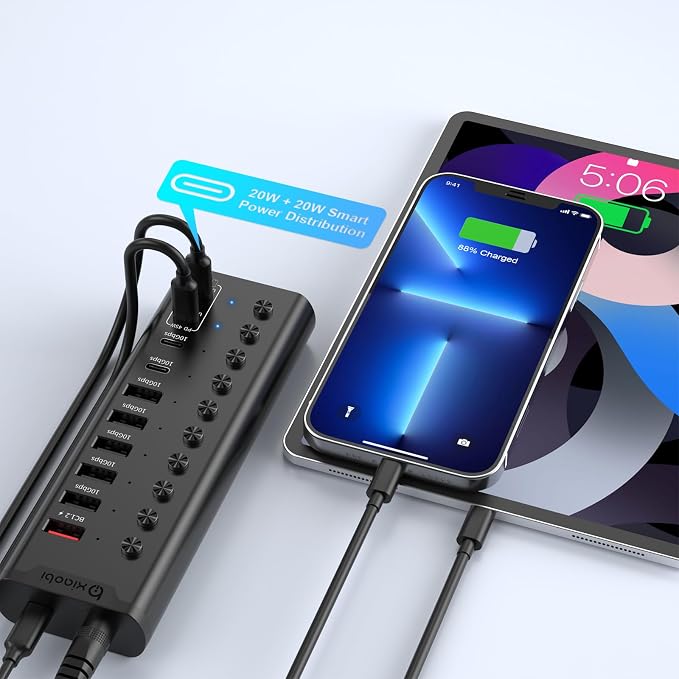 Powered USB Hub, 10-Port USB C Hub with 5*USB-A 3.2 and 2*USB-C 3.2 Ports, BC1.2&2*PD 45W Charging Ports Individual Switches and 24V/3A Power Adapter, USB Extension for PC and More(Black).