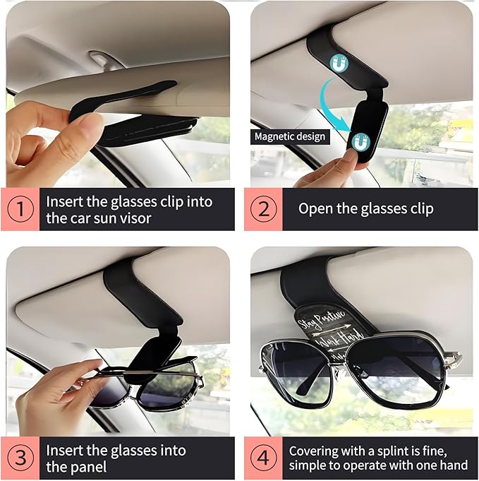 Sunglasses Holder for Car Visor, PU Leather Glasses Clip Organizer, Cute Magnetic Eyeglass Holder for Vehicle Sun Visor, Car Interior Accessory for Women & Men Stay Positive