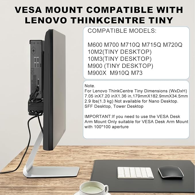 2 Pack Mini PC VESA Mount Compatible with Lenovo Thinkcentre Tiny M90qGen2, M80q Gen3, M90q Gen3, M90q Gen2, M70qGen2, M60e, M75qGen2, Under Desk and WallMount, 100x100mm Monitor Arm Wall Mount