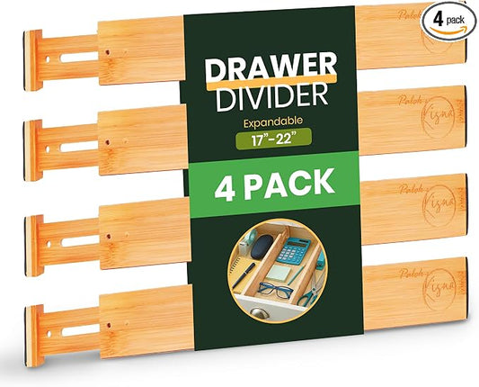Adjustable Bamboo Drawer Dividers, Drawer Organizer for Kitchen, Bedroom, Bathroom, Office Desk, Dresser Nursery & Silverware, Natural Wooden Separators with Soft Foam Ends, Expandable