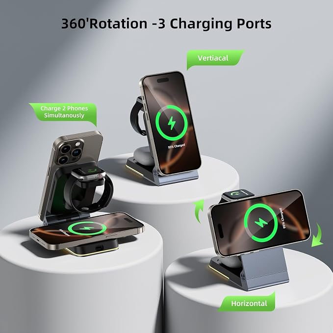 Aluminum 3 in 1 Wireless Charging Station,Foldable Wireless Charger for Apple Magsafe with Light,Portable Travel Magnetic Charger Stand for iPhone 17/16/15/14,Watch,Airpod,with PD 20W Adapter & Case
