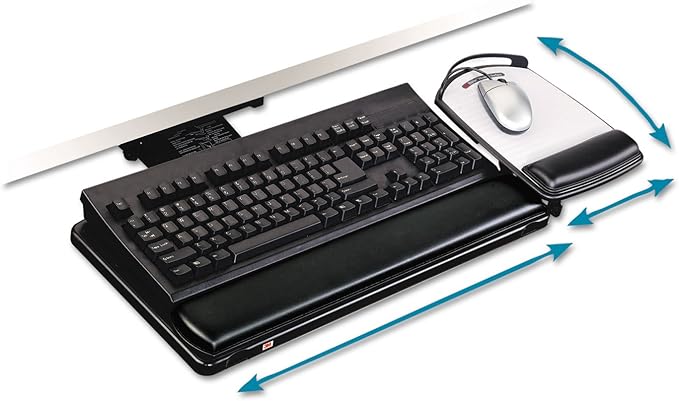 3M Keyboard Tray with Adjustable Keyboard and Mouse Platforms, Turn Knob to Adjust Height and Tilt, Swivels and Stores Under Desk, Gel Wrist Rest and Precise Mouse Pad, 17.75" Track, Black (AKT80LE)