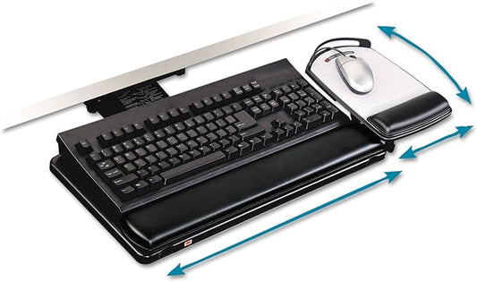 3M Keyboard Tray with Adjustable Keyboard and Mouse Platforms, Turn Knob to Adjust Height and Tilt, Swivels and Stores Under Desk, Gel Wrist Rest and Precise Mouse Pad, 17.75" Track, Black (AKT80LE)
