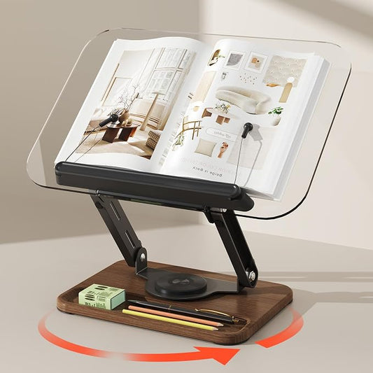 BYMECOST Acrylic Book Stand for Reading, 360°Rotating Book Holder with Pen Slot, Adjustable Height and Angle, Elastic Clips for Cookbook Stand, Foldable Desktop Riser for Laptop,Tablet,Recipe,Magazine