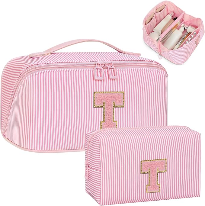 Initial Makeup Bag, Portable Water-resistant Monogram Cosmetic Bag Set, Travel Toiletry Bag with Brush Holder, Personalized Gifts for Friend Teacher Mom Wife, Pink T