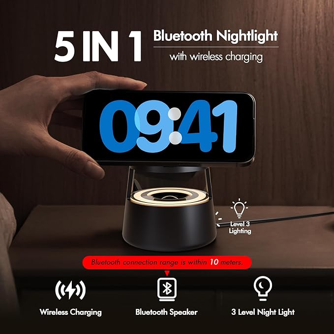 5 in 1 Magnetic Wireless Charger Bluetooth Speakers and Night Light for Apple Mag Safe iPhone 17 16e 16 15 14 13 12 Pro Max iWatch and AirPods Fast Charging Station Gift Ideal for Men Teenage Boys