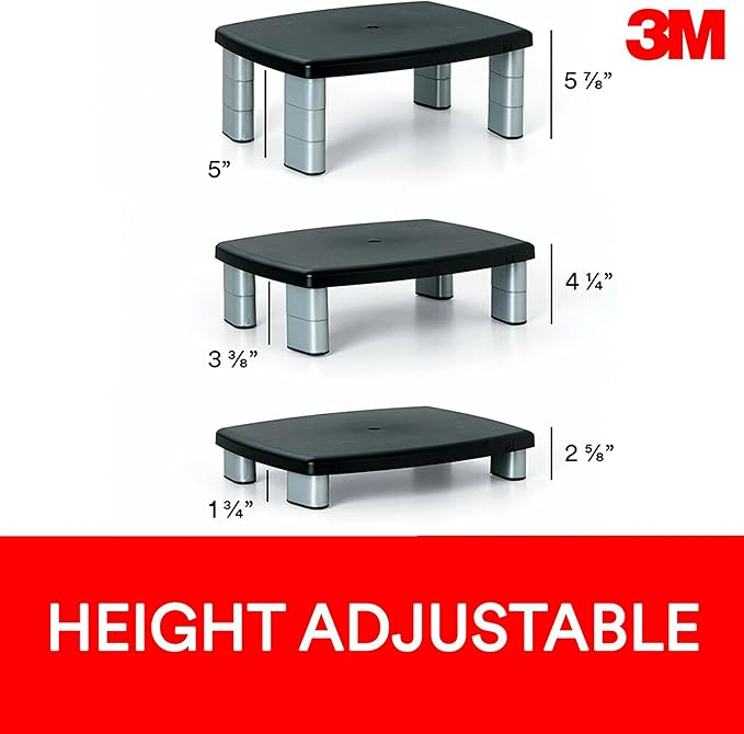 3M Adjustable Monitor Stand, Three Leg Segments, Simply Adjust Height from 1" to 5 7/8", Holds Up to 80 lbs, 11" Space Between Columns, Silver/Black (MS80B)