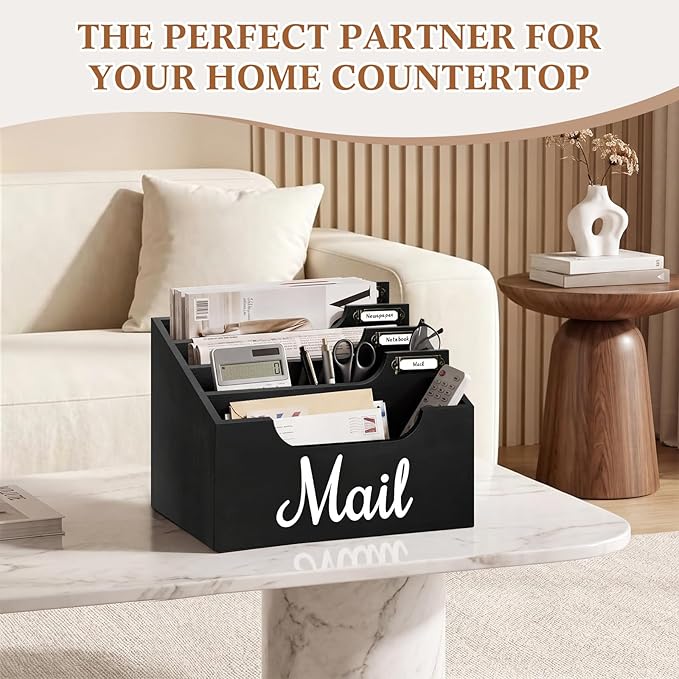 Rustic Wood Mail Organizer Countertop with 4 Slots, Black Mail Holder for Desk, Removable Dividers Mail Sorter, Letter Bill File Organizer for Home Office Classroom, Desktop Organizer with Free Labels