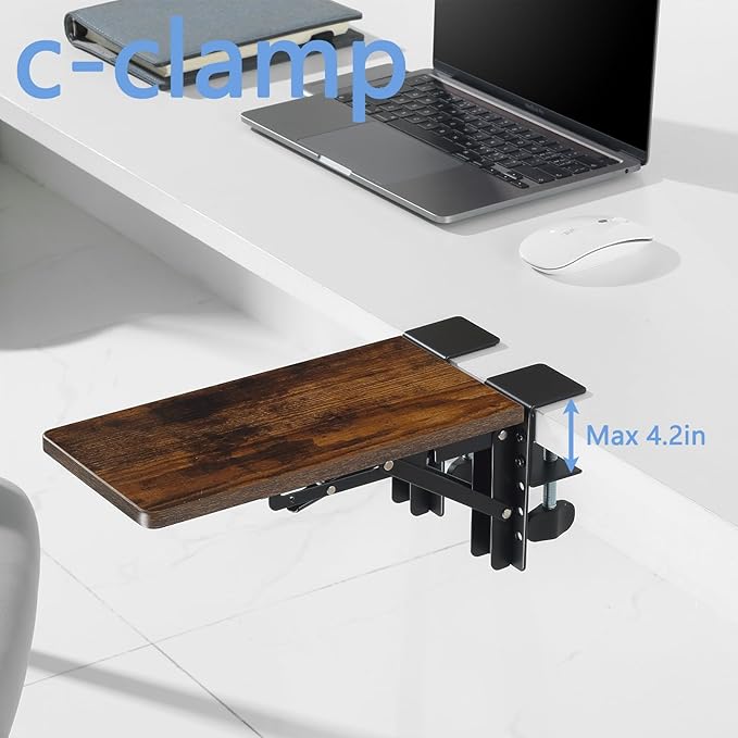 ETHU Desk Extender Tray, 11.8"x 5.9" Ergonomics Computer Arm Wrist Rest for Desk, Foldable Keyboard Drawer Tray Clamp On Mount Easy to Install, Armrest Support for Home and Office (Wood)