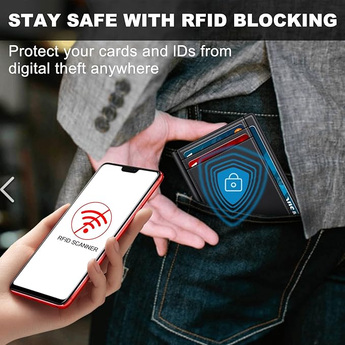 Wallet for Men 14-16 Cards, Minimalist Men Leather Wallet, Men's Front Pocket Bifold Wallets with Money Clip, Slim Thin Card Holder RFID Blocking Bill Folder & Magnetic Closure, Gifts for Men, Black