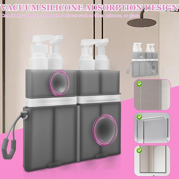 4 in 1 Travel Toiletry Containers, Leak Proof TSA Approved Travel Size Bottles Set with Suction Cup Wall Mount, Refillable Dispenser for Shampoo, Lotion, Soap, Gym & Essentials (Grey)