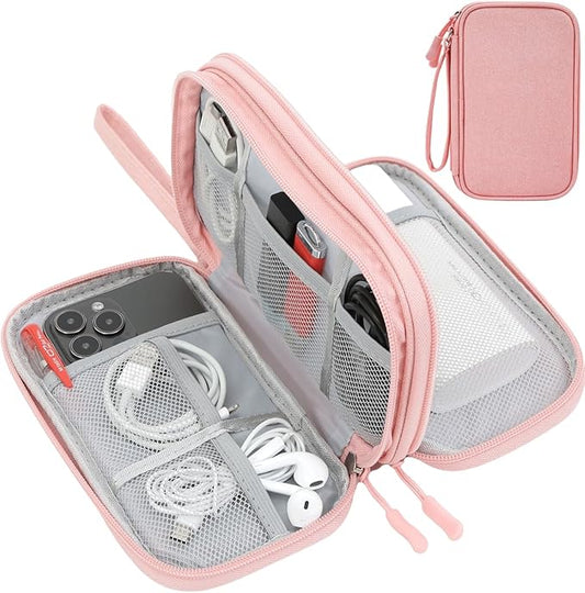 CAAORDKSO Electronic Cable Organizer Bag, Travel Electronic Accessories Carry Case Portable Waterproof Double Layers Storage Bag for Cable, Cord, Charger, Power Bank, Earphone (Light Pink, Medium)