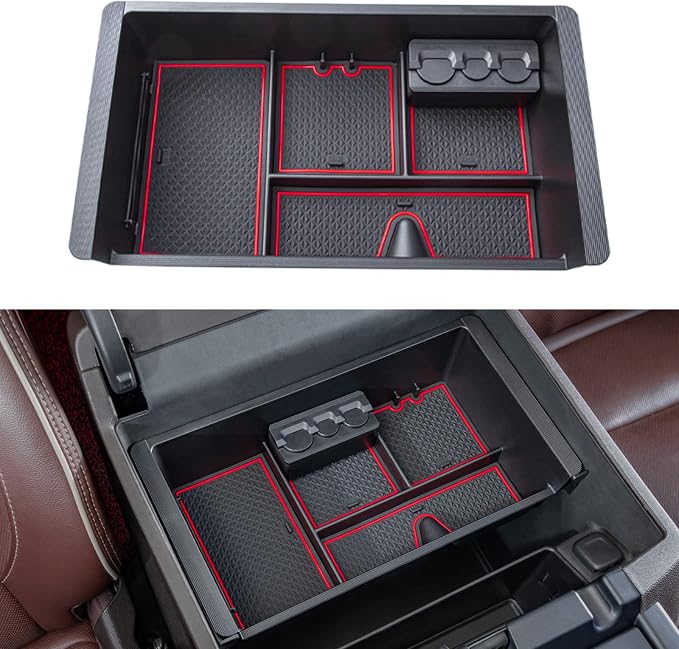JKCOVER Compatible with Chevy Silverado/GMC Sierra 2014-2018 and Chevy Tahoe Suburban/GMC Yukon 2015-2020 Center Console Organizer Tray Accessories-Full Console w/Bucket Seats ONLY - (Red Trim)