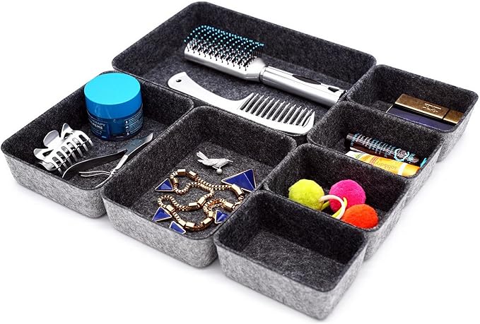 Welaxy Drawer organizers tray felt storage bin office Shallow Small Desk box Draw dividers stylish interior room decor 7-piece (Charcoal)