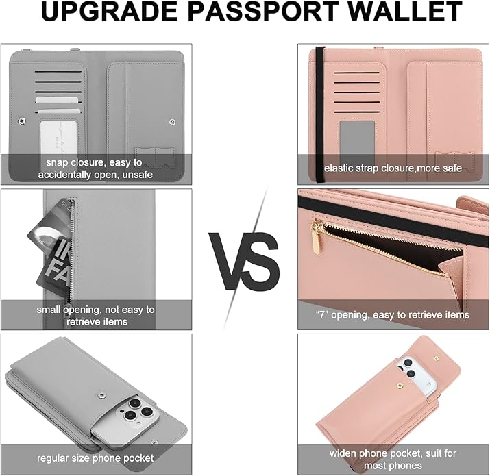 DOB SECHS Leather Passport Wallet Crossbody Phone Bag, RFID Blocking Passport Holder Credit Cards Case for Women