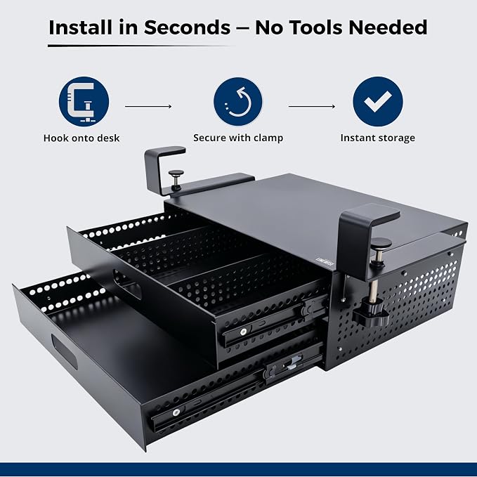 Under Desk Drawer – Clamp-On No-Drill Metal Organizer, Slide-Out Storage for Home & Office Desks